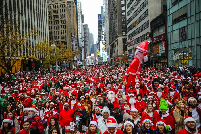 A photo of thousands of Santacon revelers in Manhattan last year